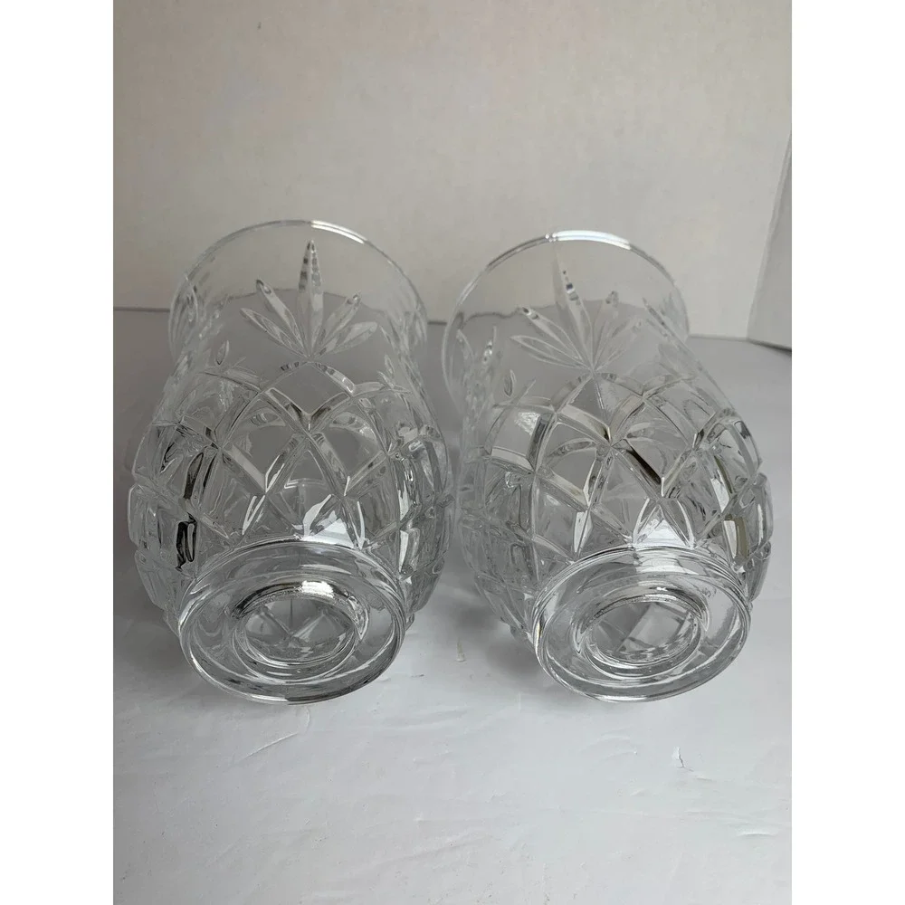 Vintage Clear‎ Cut Glass Hurricane Candle Shades Diamond Leaf Pattern Set of 2